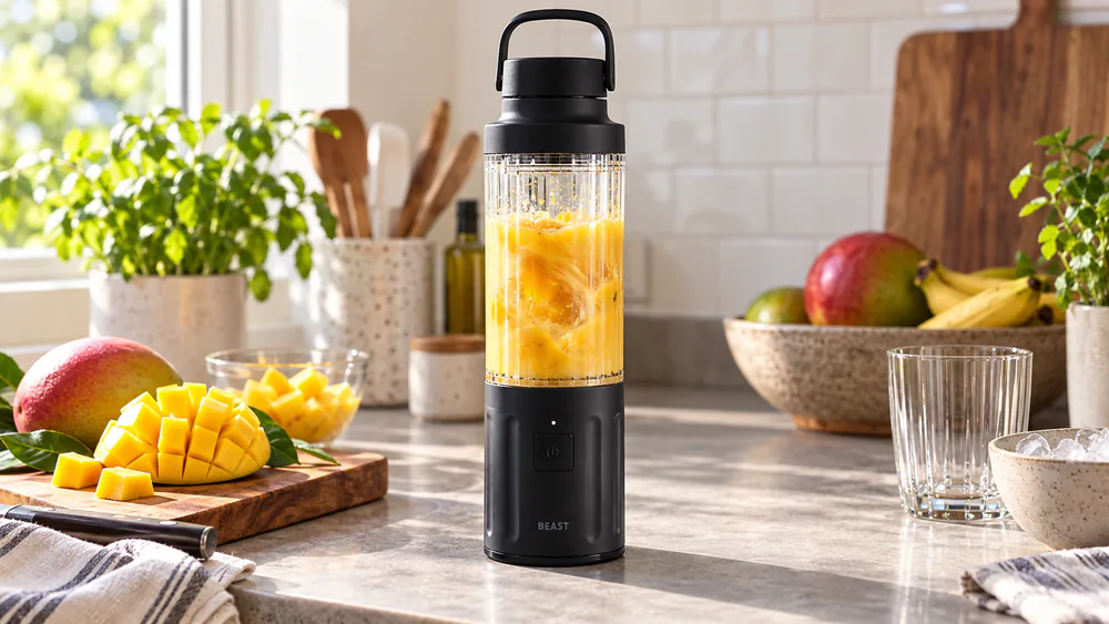 A Beast GO Cordless blender blending a mango smoothie in its ribbed Tritan vessel on a kitchen counter.