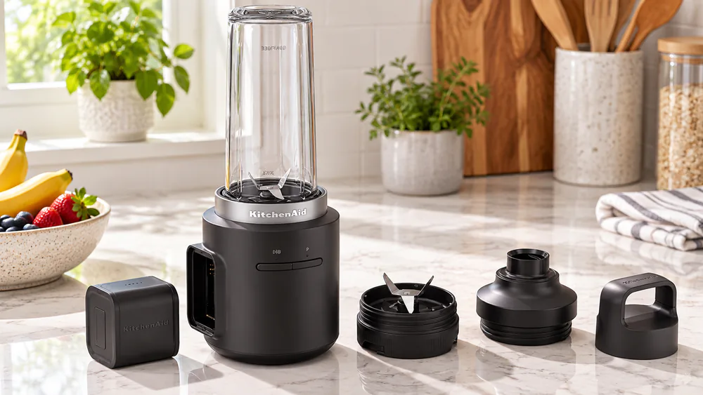 A KitchenAid Go Cordless blender with its removable 12V MAX battery pack detached on a counter.