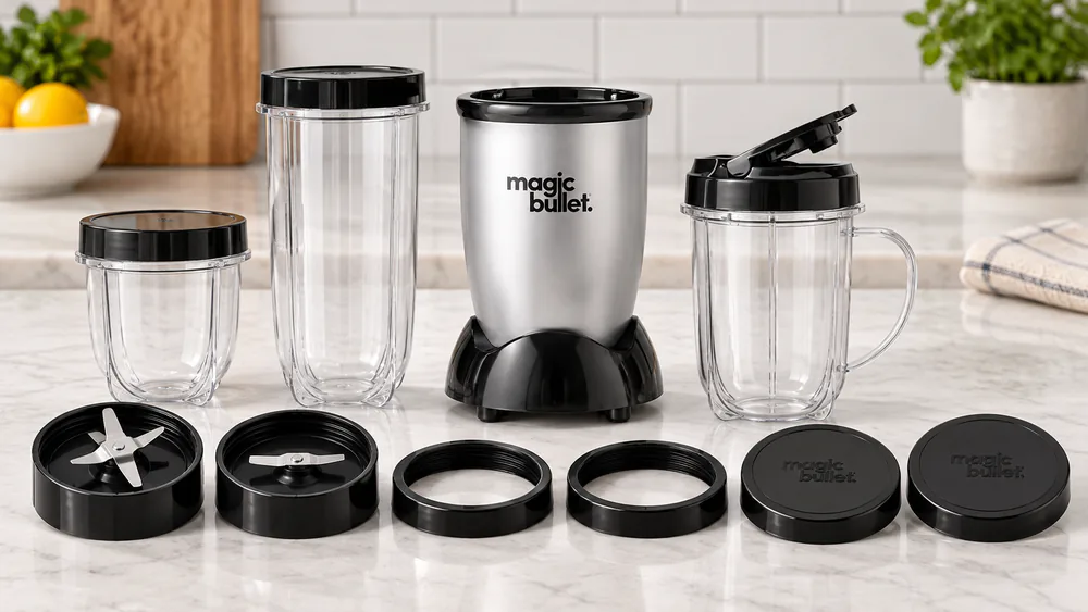 A Magic Bullet 11-piece set laid out with its tall cup, short cup, party mug, and lids.