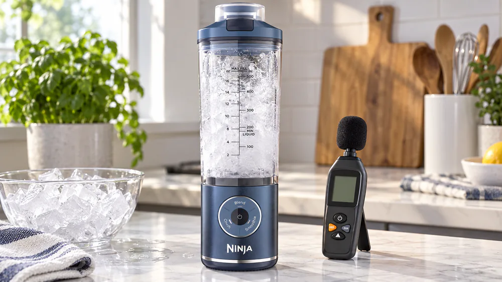 A Ninja Blast Max cordless blender crushing a cup of cubed ice into snow on a test bench with a sound meter nearby.