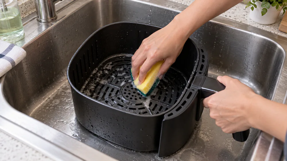 A nonstick air fryer basket being hand washed in a kitchen sink with a soft sponge, water beading on the coating