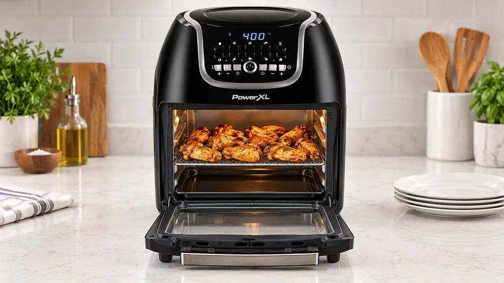 A PowerXL Vortex Pro Plus 10 QT oven with its front door open and chicken wings arranged in a single layer on an airflow rack inside
