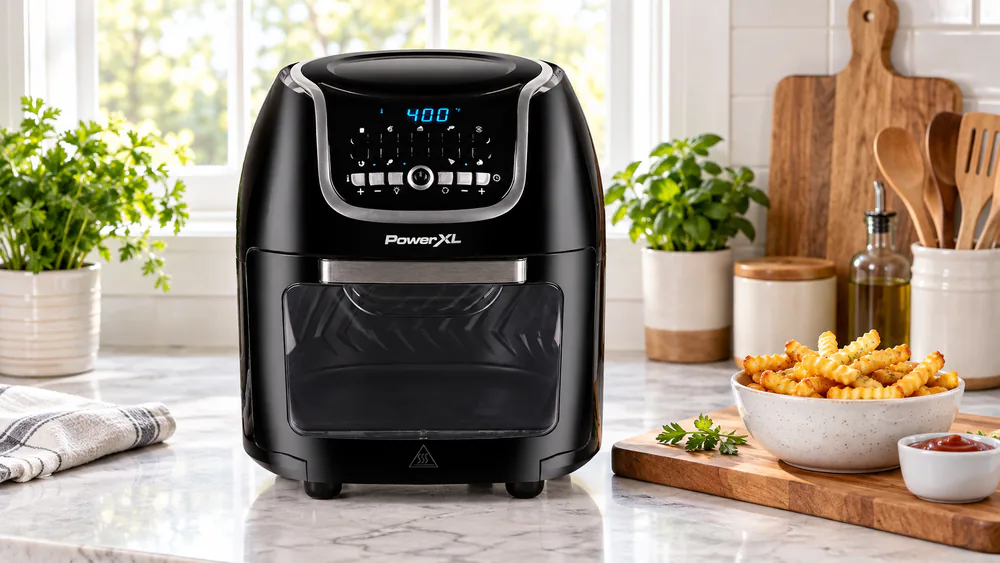 A PowerXL Vortex Pro Plus 10 QT air fryer sitting on a family kitchen counter beside a cutting board and a bowl of fries
