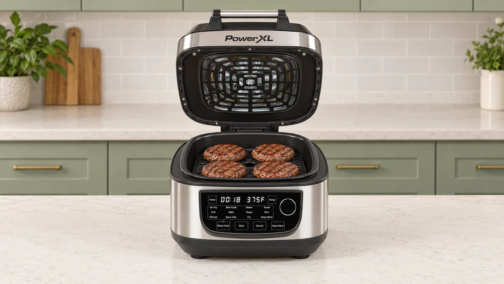 Four burgers with grill marks on the plate of a PowerXL Grill Air Fryer Combo, lid raised.