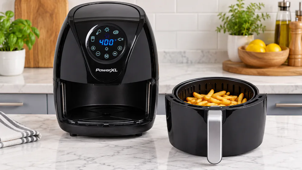 A black PowerXL Maxx 4 QT beside a coffee maker on a small apartment counter.