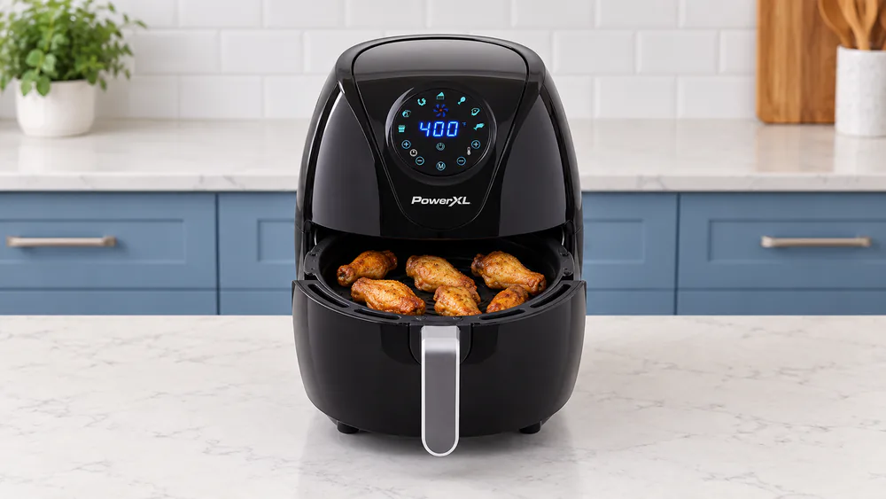Chicken wings in a single layer inside the open basket of a black PowerXL Maxx Classic 7 QT.