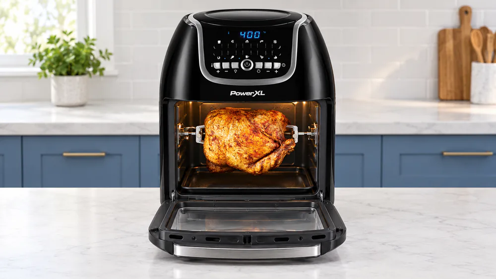 A PowerXL Vortex Pro Plus 10 QT with its door open and a trussed chicken on the rotisserie spit.