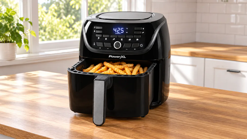 A PowerXL Vortex Pro 6 QT with its drawer pulled out, showing golden fries in a single layer.