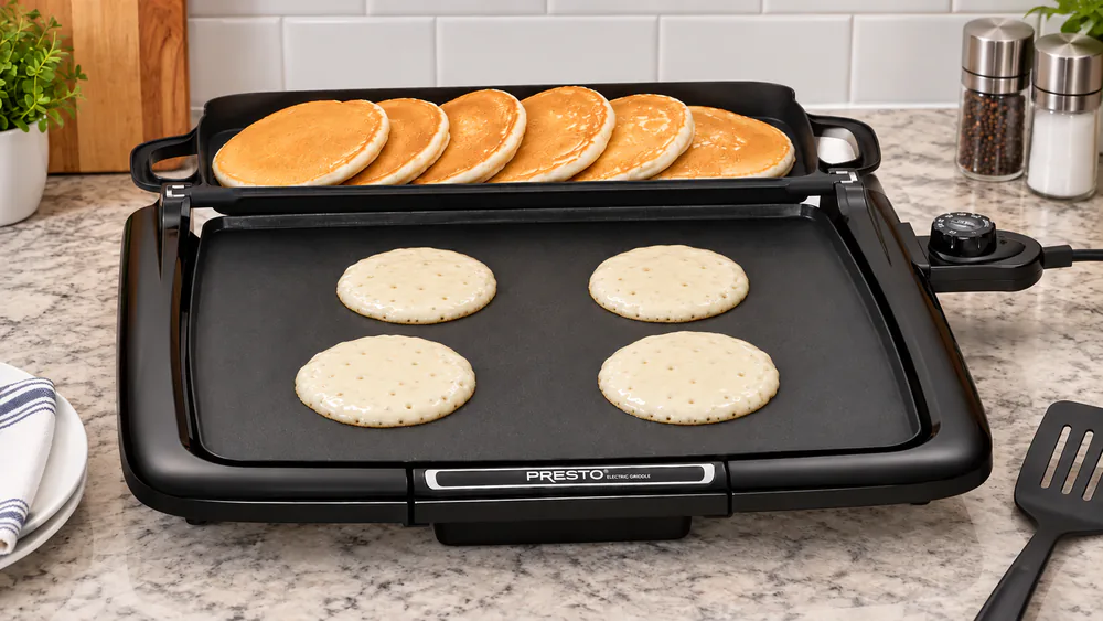 Presto 07023 griddle with the multi-function tray flipped back holding cooked pancakes warm while fresh batter cooks on the surface
