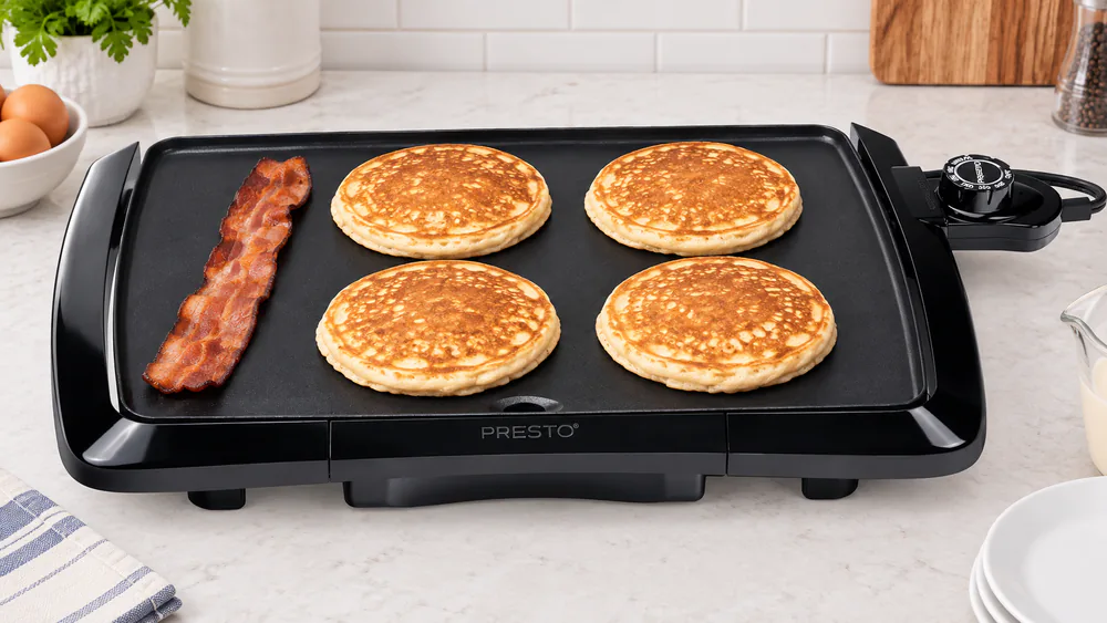 Presto 07047 griddle with four evenly browned pancakes and a strip of bacon on its 16-inch ceramic surface, control attached at the front