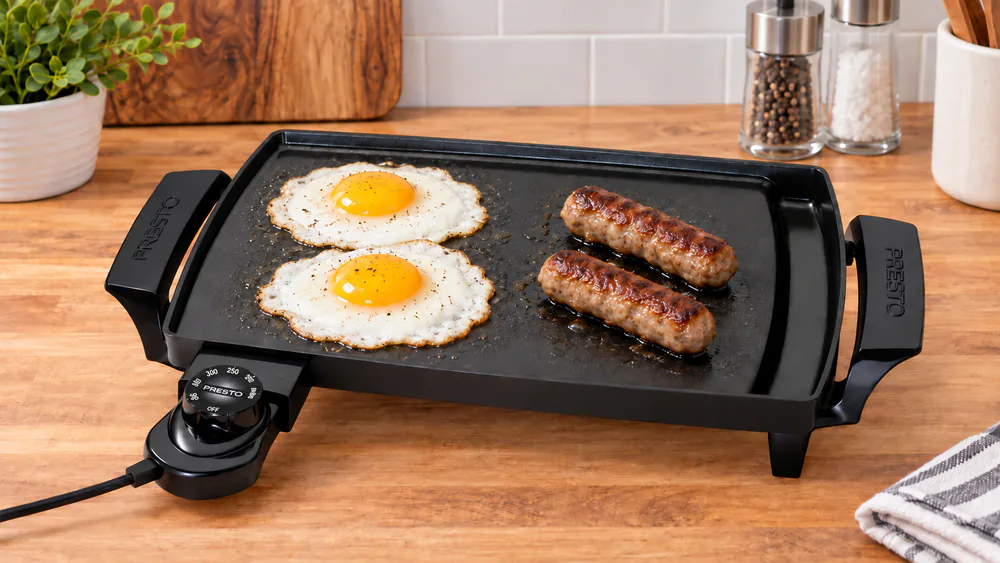 Presto 07211 Liddle Griddle on a small apartment counter cooking two eggs and two sausage links
