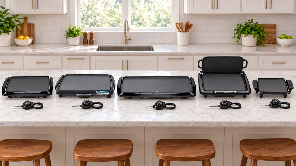 Five Presto cool-touch griddles of different sizes lined up on a kitchen counter, heat controls detached and laid beside each one