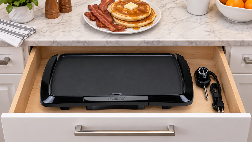 Presto 16-inch Cool Touch electric griddle stored flat in a kitchen drawer beside pancakes and bacon on a plate