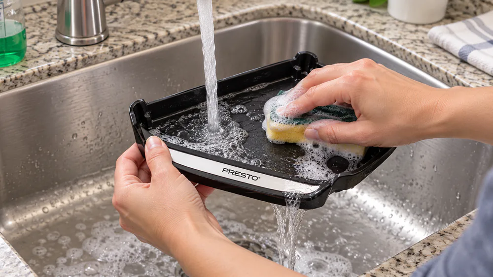 A slide-out drip tray from a Presto griddle being rinsed in a kitchen sink with warm soapy water