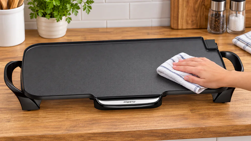 A Presto 22-inch ceramic griddle wiped clean after bacon, the textured surface free of grease residue