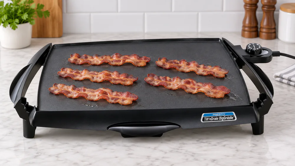 Presto Tilt 'n Drain Big Griddle tilted on its legs with bacon grease running toward the slide-out drip tray