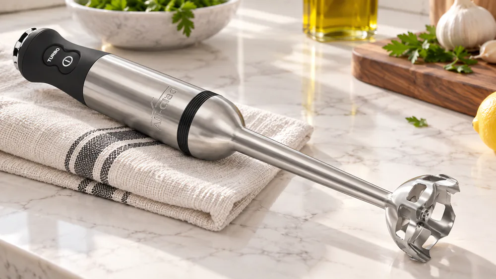 Close-up of an All-Clad immersion blender shaft showing the seamless one-piece stainless steel construction.