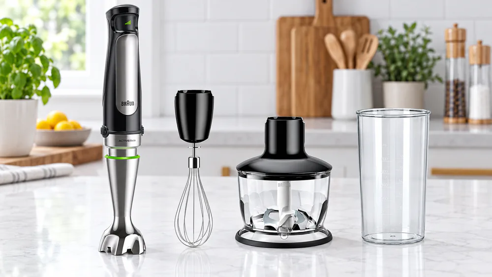 A Braun MultiQuick 7 3-in-1 immersion blender laid out with its whisk, chopper bowl, and beaker attachments.