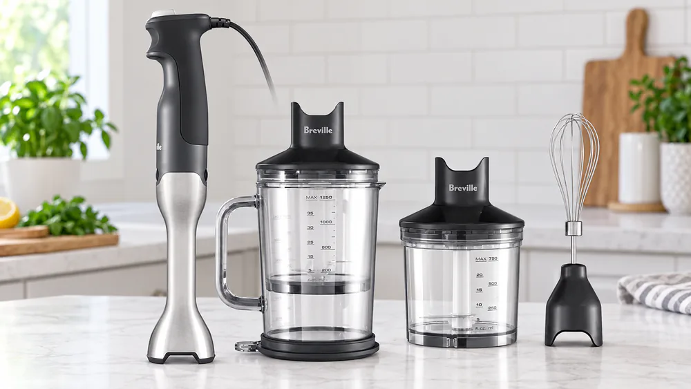 A Breville Control Grip immersion blender resting next to its 42 oz jug and nesting chopping bowl.