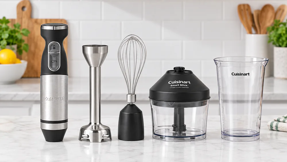 A Cuisinart Smart Stick CSB-179 with its chopper bowl, whisk, and mixing cup arranged on a counter.