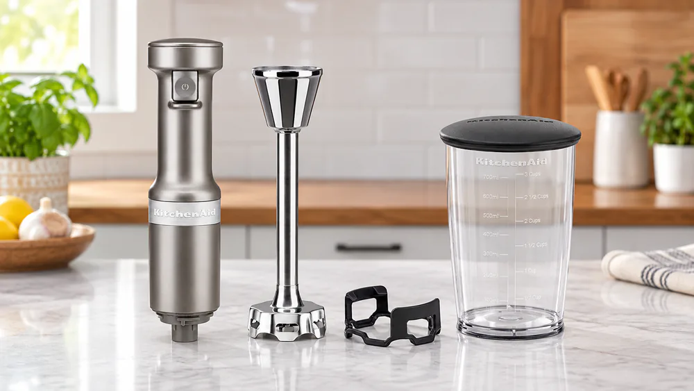 A KitchenAid KHBV53 hand blender with its 3-cup blending jar and removable blending arm beside it.