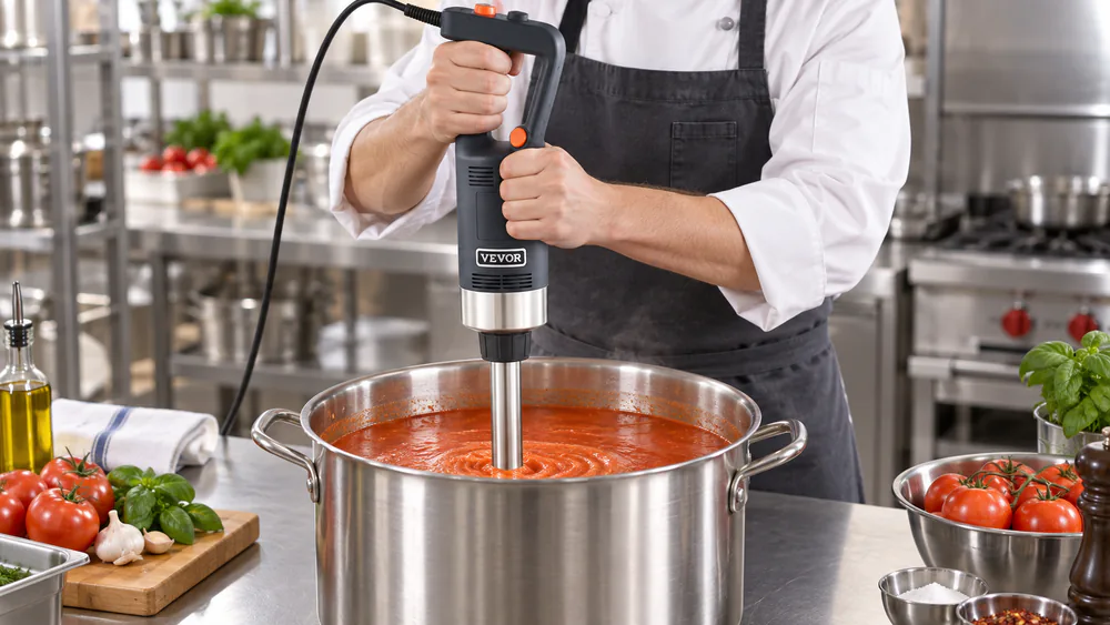 A VEVOR 750W commercial immersion blender working in a deep stainless stockpot, two hands on the rubberized grip.