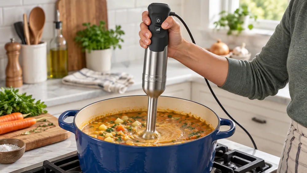 A Vitamix 5-Speed Immersion Blender working through a pot of chunky vegetable soup, LED speed dial visible on the handle.