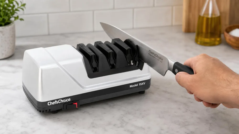 A Chef'sChoice 15XV EdgeSelect on a counter, a chef's knife passing through the spring-loaded guide on the final stropping stage.