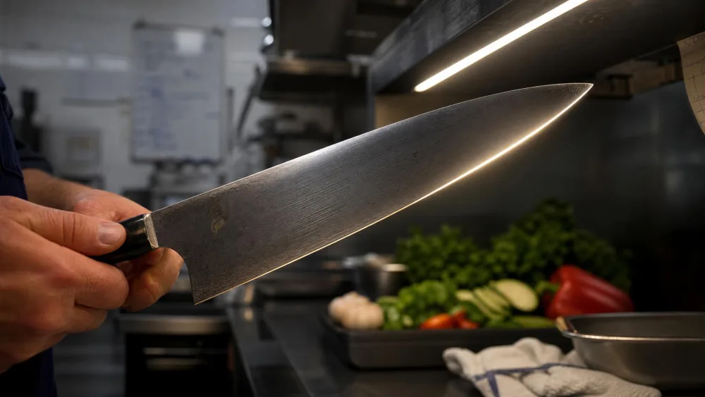 A test kitchen edge check, a chef's knife held under a bench light after a week of prep to show how the sharpened edge is holding.