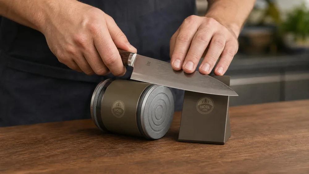 A HORL 2 Pro rolling sharpener in use, the magnetic angle block holding a chef's knife over the diamond grinding disc.