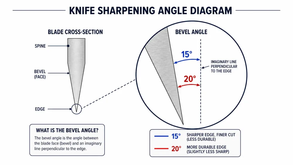 A knife-sharpening angle diagram showing a blade cross-section and the bevel angle, with 15 and 20 degree marks labeled.