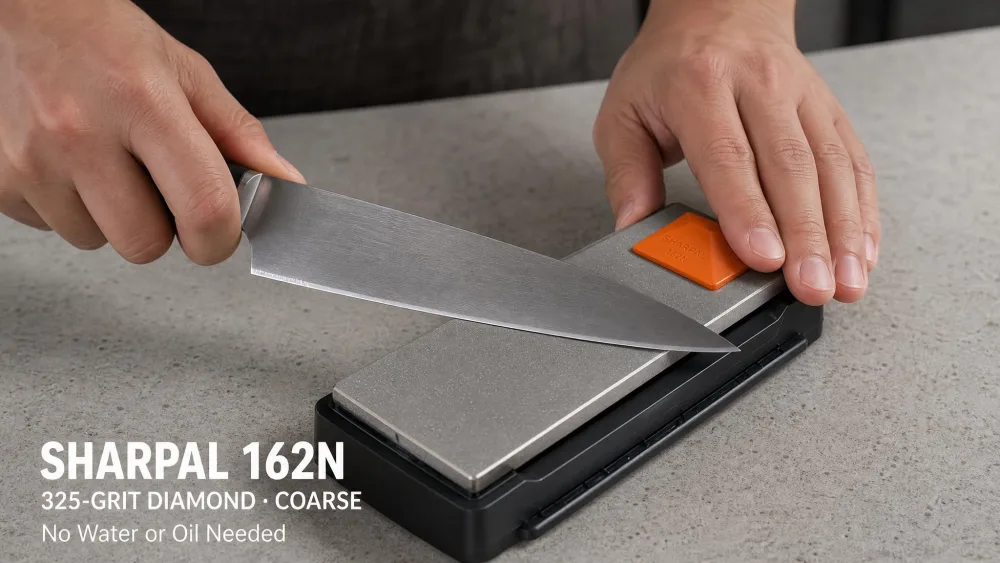 A Sharpal 162N dual-grit diamond whetstone on a counter, a chef's knife drawn across the coarse 325-grit surface with no water or oil needed.
