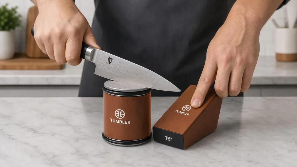 A Tumbler Pro rolling knife sharpener on a counter, a chef's knife held by the magnetic angle block as it is rolled across the diamond disc.