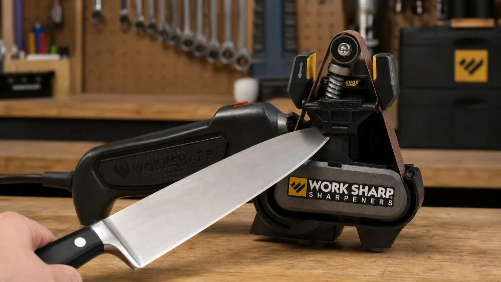 A Work Sharp MK2 on a workbench, a chef's knife supported by the edge guide running along the flexible abrasive belt.