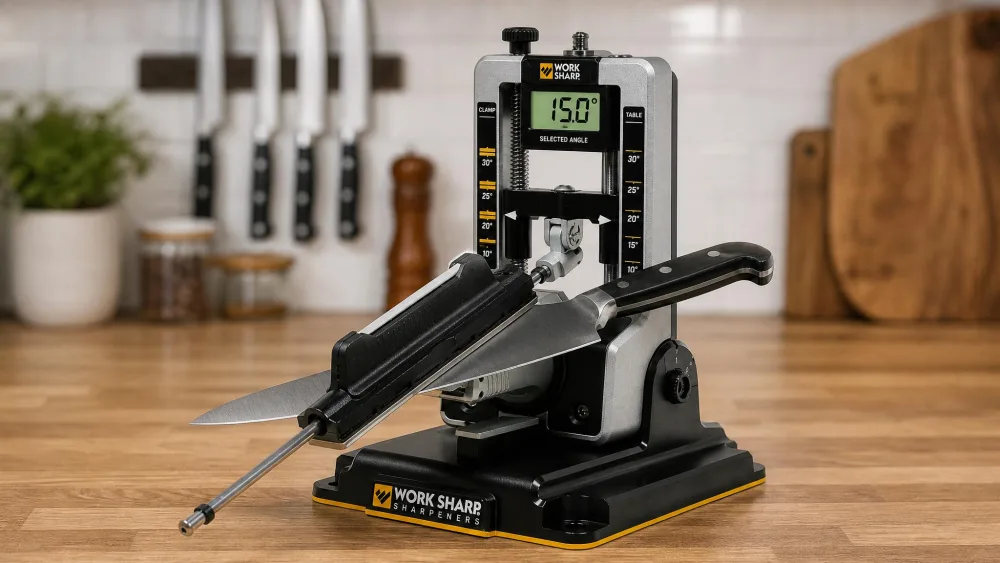 The digital angle indicator on a Work Sharp Professional Precision Adjust, clamped on a chef's knife with the readout showing the selected angle.