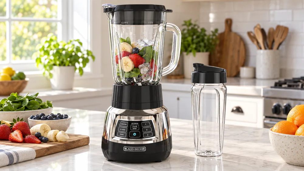 The Black+Decker Quiet Blender with its glass and personal jars.