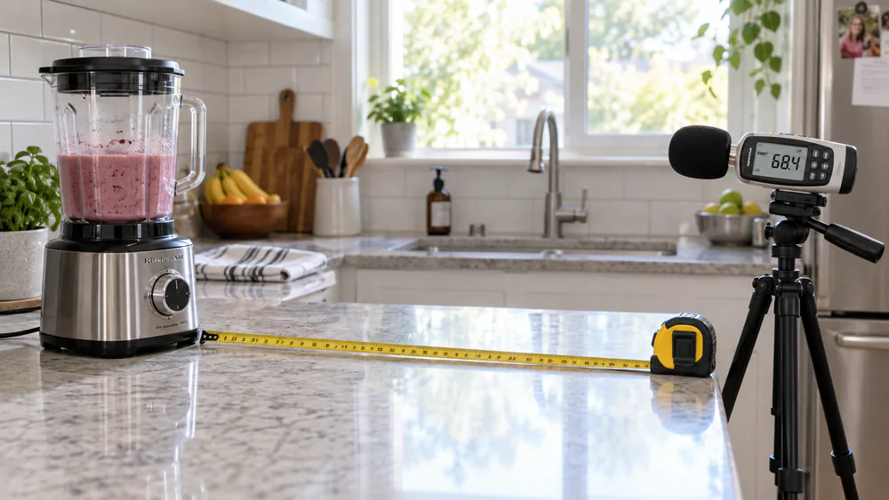 A sound level meter at a fixed distance from a blender.