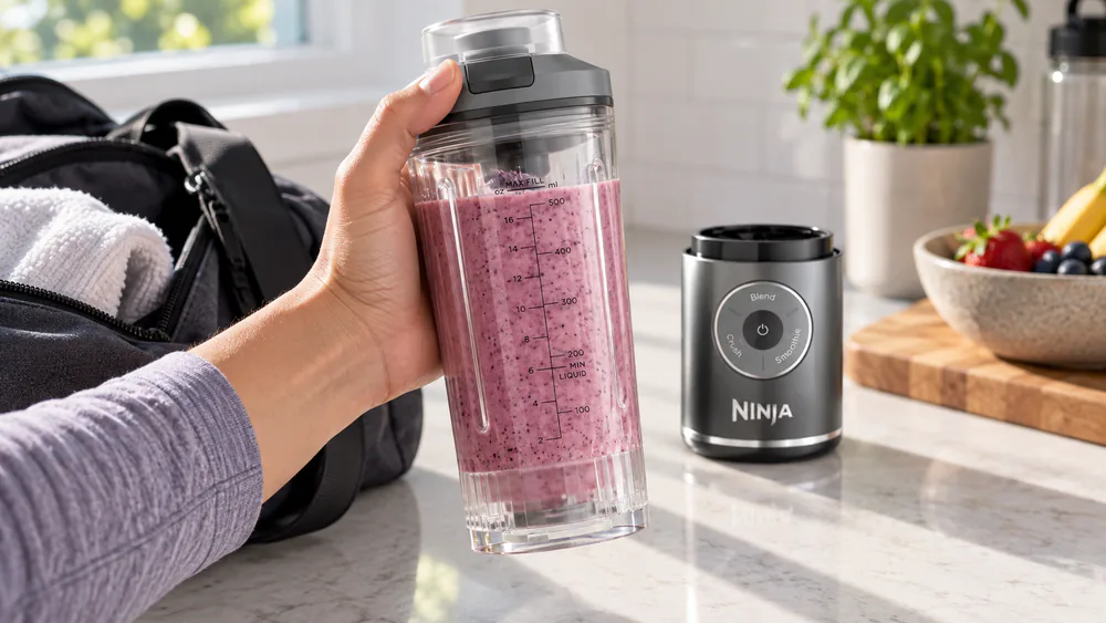A hand holding the 22-oz Blast Max vessel by its sip lid.