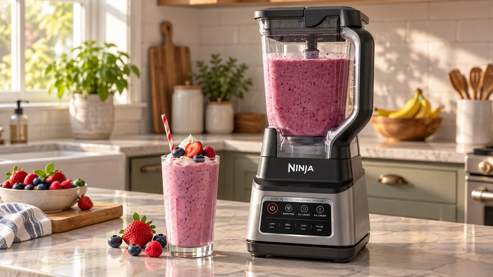 A thick milkshake beside the 72-oz Ninja pitcher.