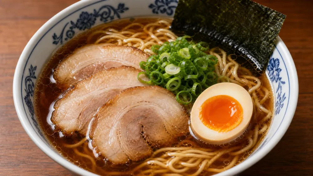 A bowl of clear brown shoyu ramen topped with sliced chashu pork, a halved soft-boiled egg, green onion, and a sheet of nori.
