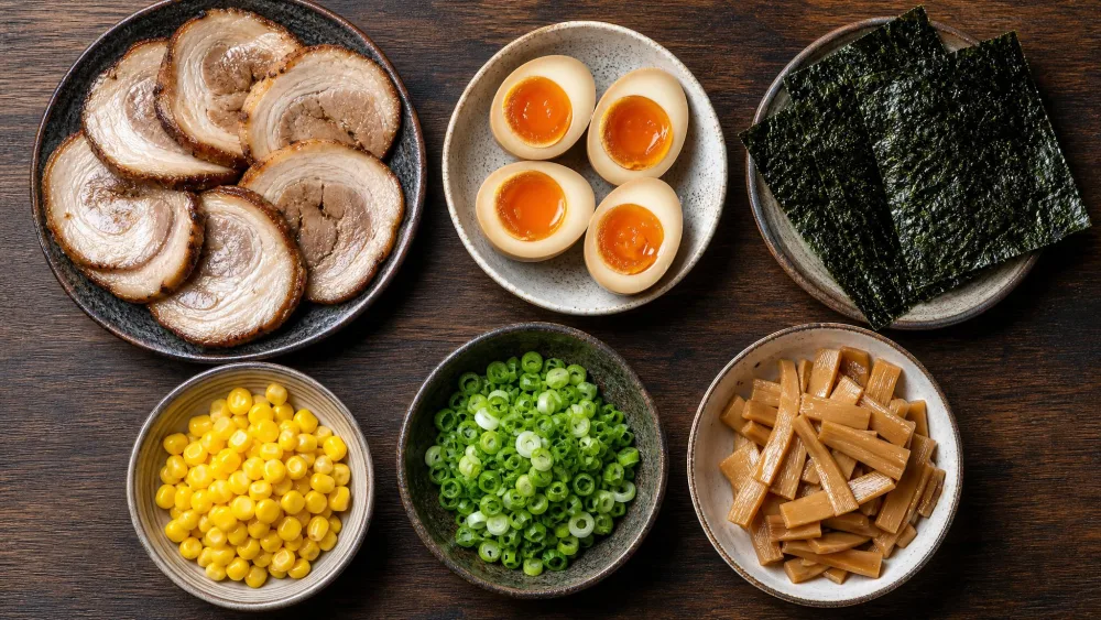 An overhead spread of ramen toppings including sliced chashu pork, halved marinated eggs, bamboo shoots, nori sheets, corn, and chopped green onion.