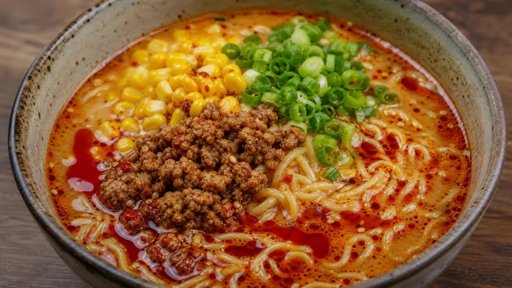 A bowl of spicy miso ramen with a slick of red chili oil on top, ground pork, corn kernels, and chopped scallions.