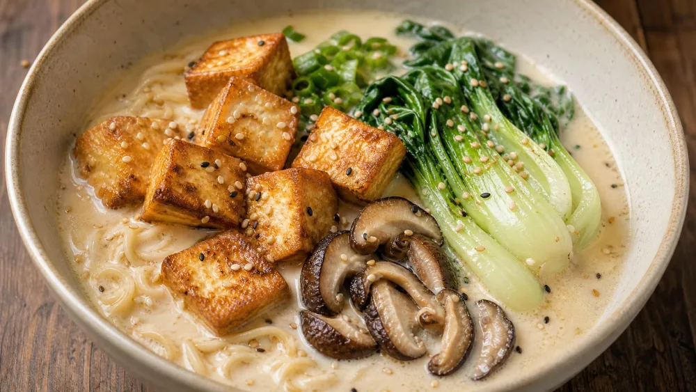 A creamy soy-milk-based vegan ramen topped with cubes of crispy golden tofu, shiitake mushrooms, baby bok choy, and sesame seeds.