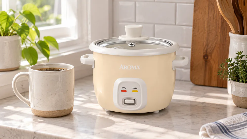 The compact Aroma Mini ARC-302NGMT rice cooker on a small kitchen counter next to a coffee mug for scale.