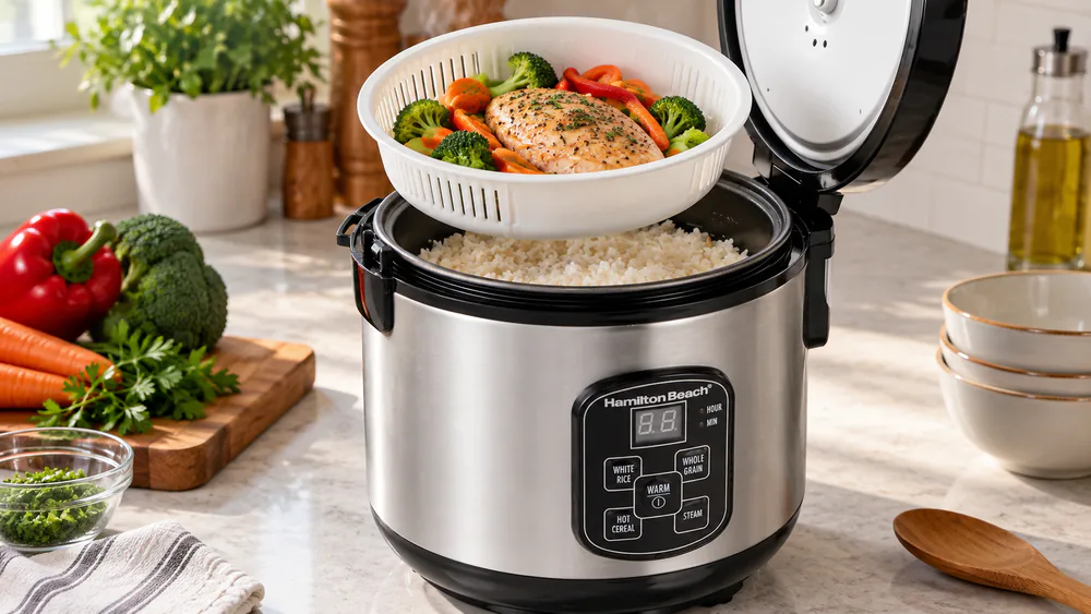 The Hamilton Beach 37518 rice cooker with its steam basket lifted out, showing white rice below and space for a protein above.