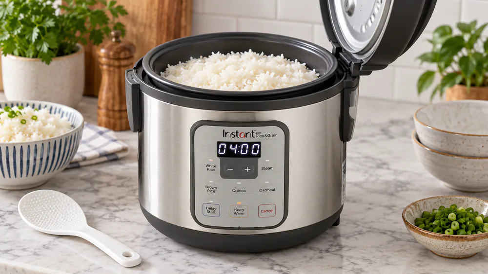 The Instant Zest 8-cup rice cooker with its lid open, showing the ceramic-coated pot and a finished batch of white rice.