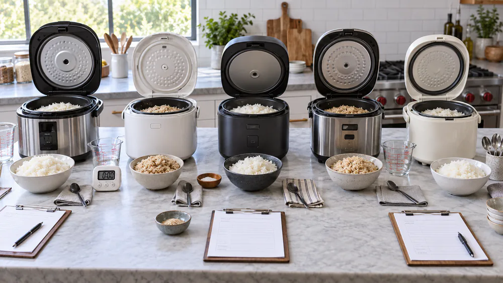 Several rice cookers lined up on a test-kitchen counter mid-testing, each with its lid open and a bowl of cooked rice in front.