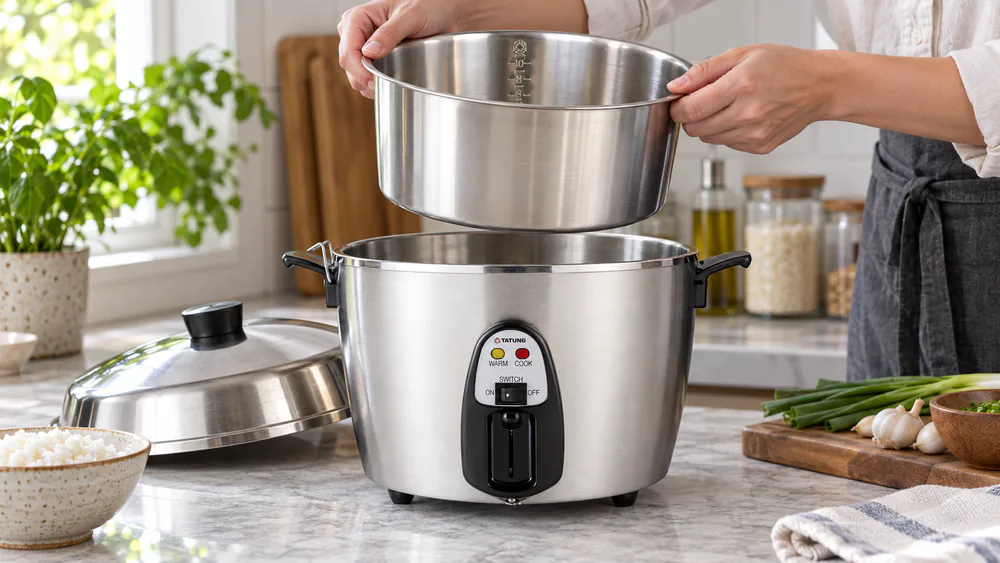 The Tatung TAC-11KN with its 304 stainless steel inner pot lifted out, showing the bare uncoated metal interior.