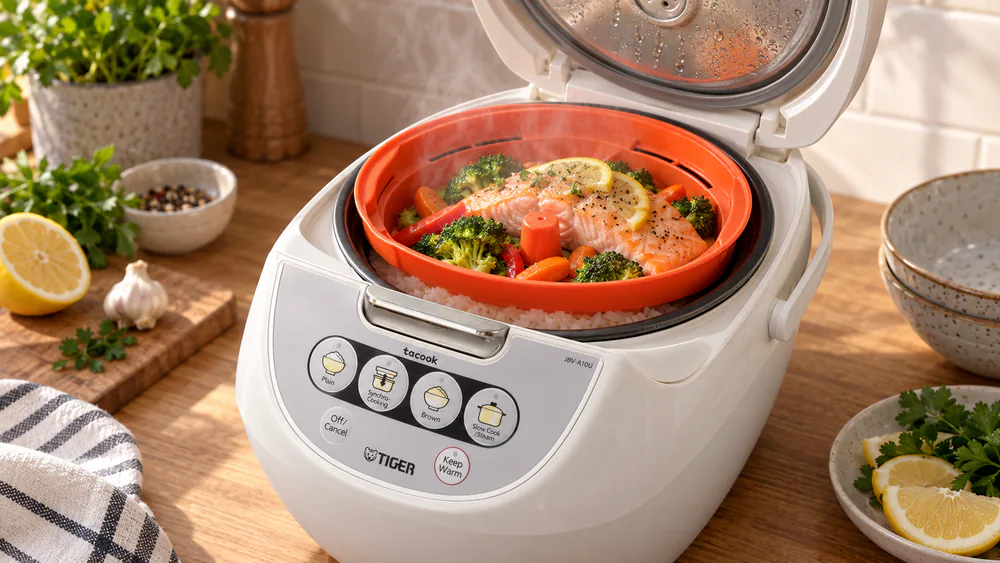 The Tiger JBV-A10U with its tacook tray in place, showing vegetables steaming above a bed of white rice in the inner pot.