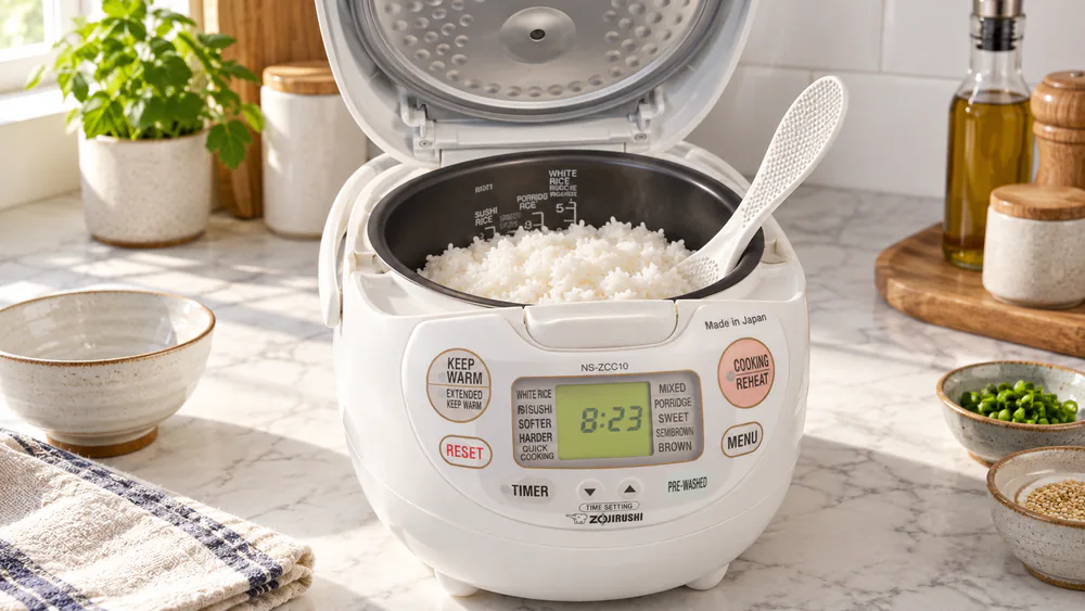 The open Zojirushi Neuro Fuzzy NS-ZCC10 showing a full batch of glossy white rice in its spherical nonstick pan, spatula resting inside.